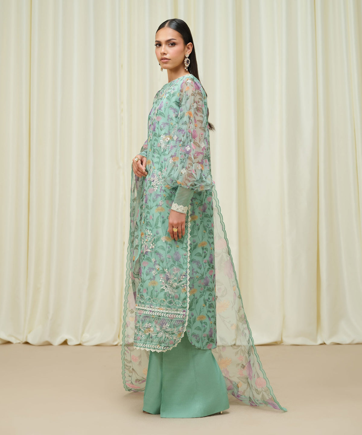 Sapphire Luxe Aqua Embroidered Organza Suit - Side
