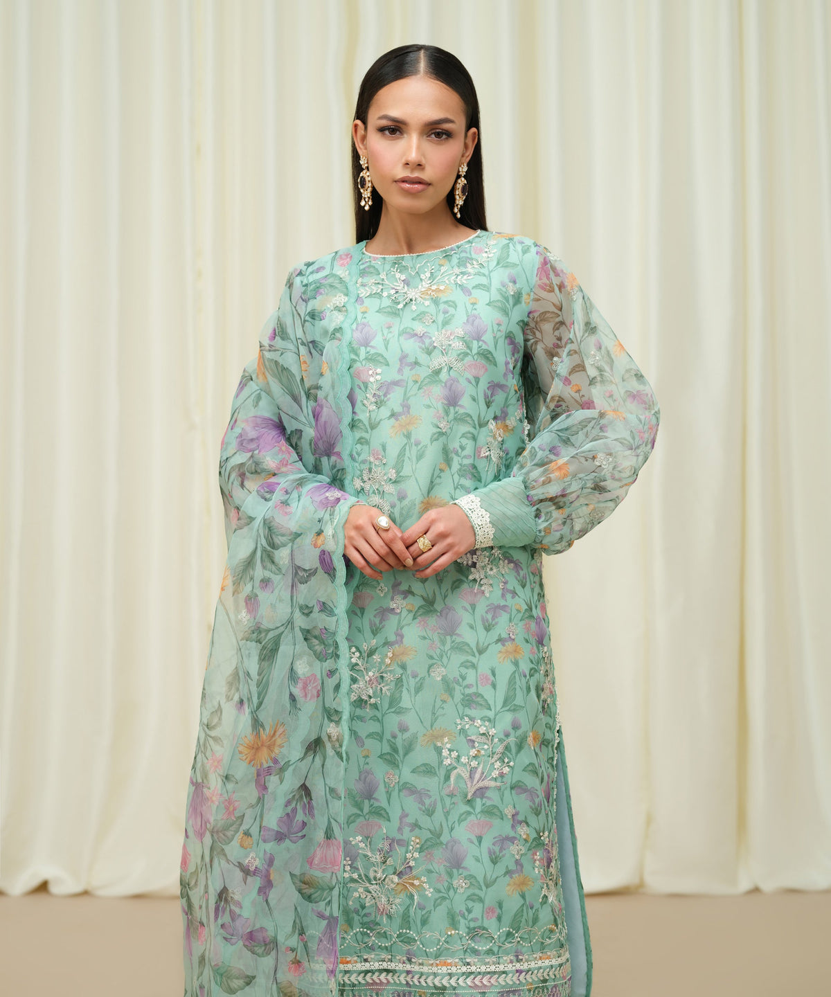 Sapphire Luxe Aqua Embroidered Organza Suit - Close Up