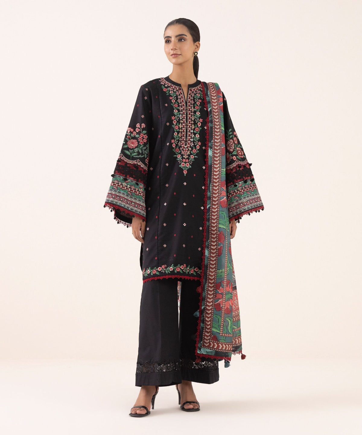 Sapphire Embroidered Cotton Satin 3 Piece Suit - Front