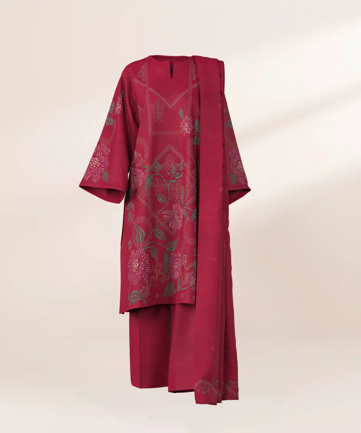 Sapphire Fuchsia Embroidered Cotton Jacquard 3 Piece Suit - Full Sleeves