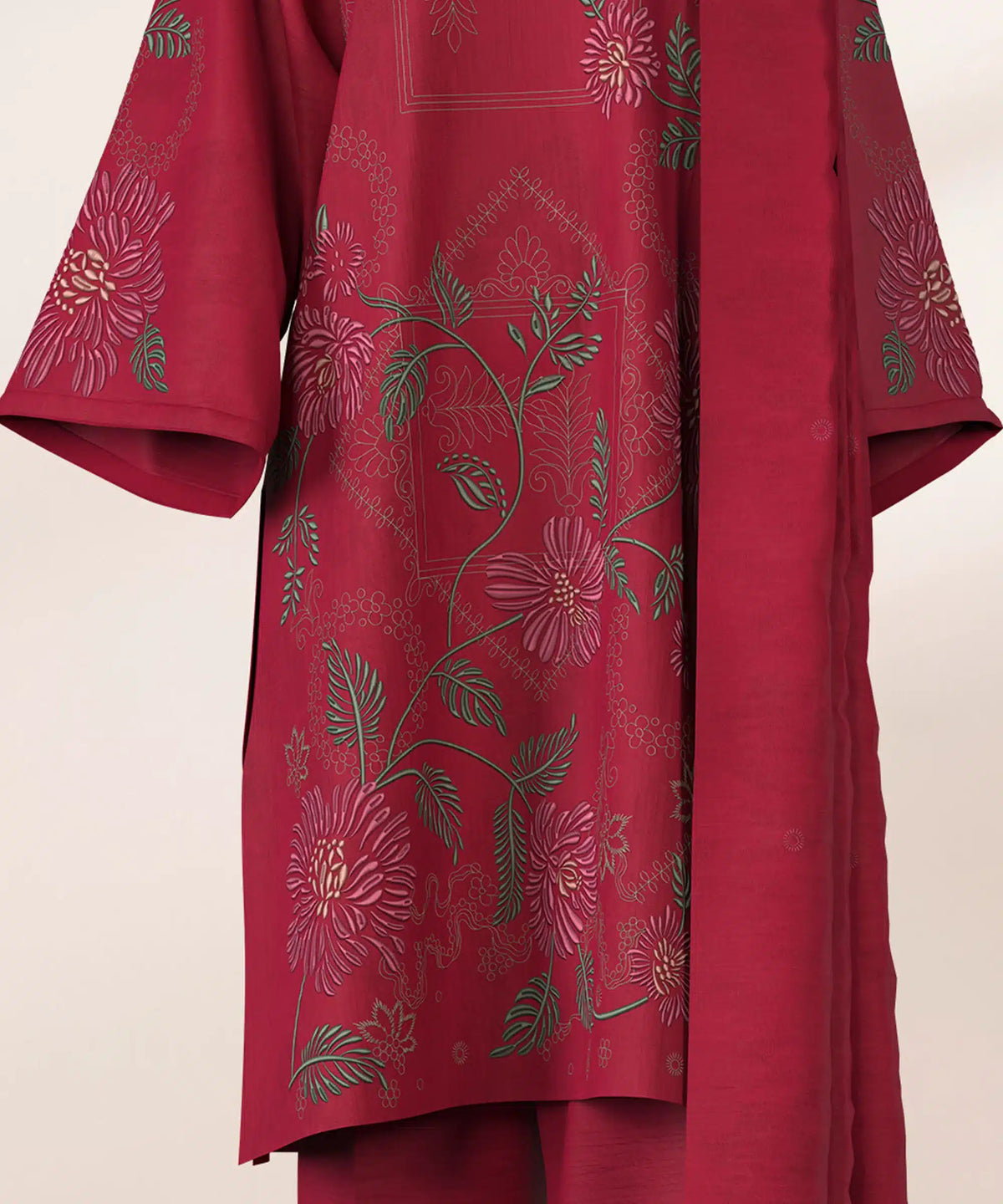 Sapphire Fuchsia Embroidered Cotton Jacquard 3 Piece Suit - Full Sleeves