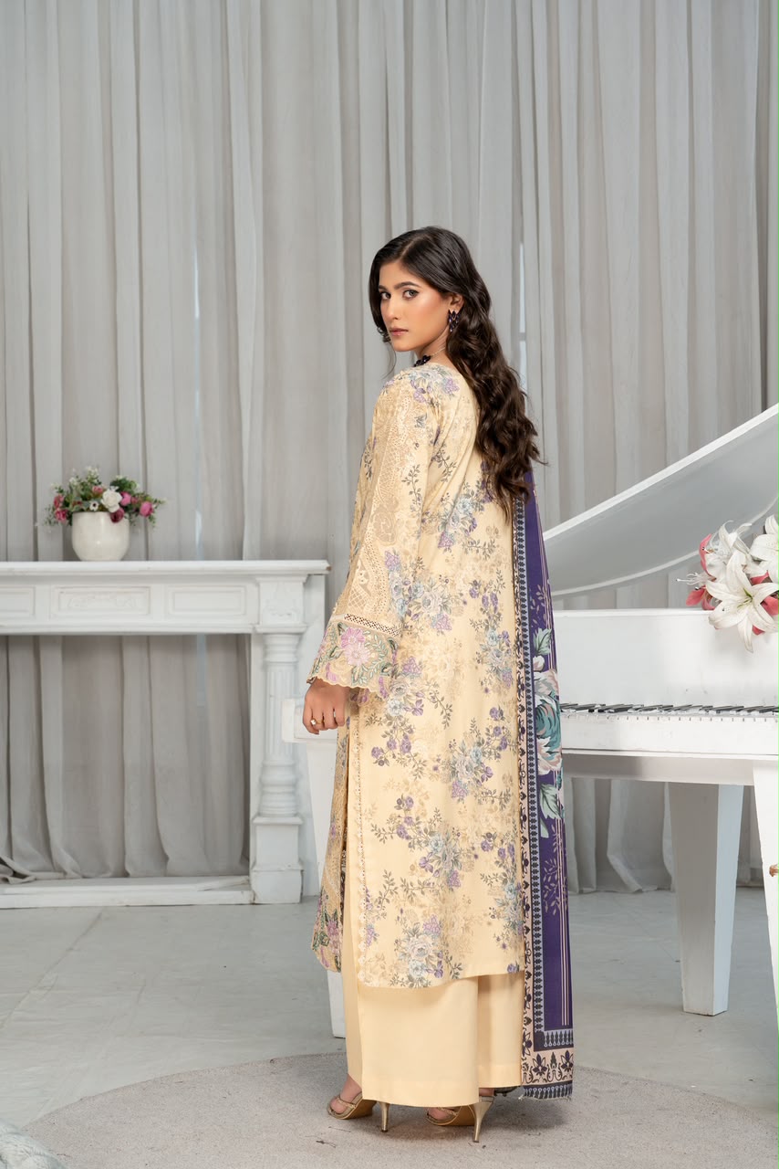 Munira Designers winter cream floral embroidered Dhanak suit with purple printed shawl – back view