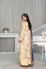 Munira Designers winter cream floral embroidered Dhanak suit with purple printed shawl – back view