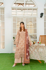 Munira Designers winter beige floral embroidered Dhanak suit with brown printed shawl – front