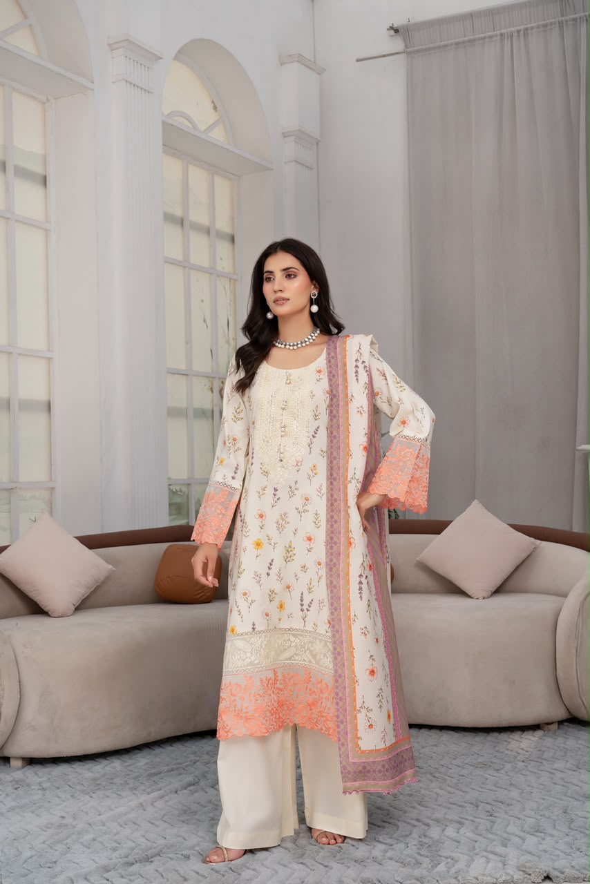 Munira Designers winter ivory embroidered Dhanak suit with peach border and printed shawl – front