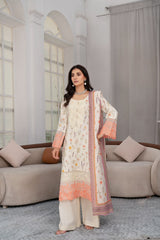 Munira Designers winter ivory embroidered Dhanak suit with peach border and printed shawl – front