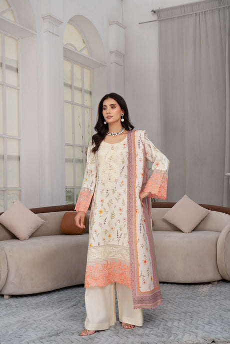 Munira Designers winter ivory embroidered Dhanak suit with peach border and printed shawl – front