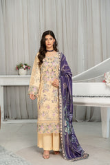 Munira Designers winter cream floral embroidered Dhanak suit with purple printed shawl – front
