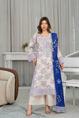Munira Designers winter lavender floral embroidered Dhanak suit with royal blue printed shawl – front