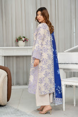 Munira Designers winter lavender floral embroidered Dhanak suit with royal blue printed shawl – back view