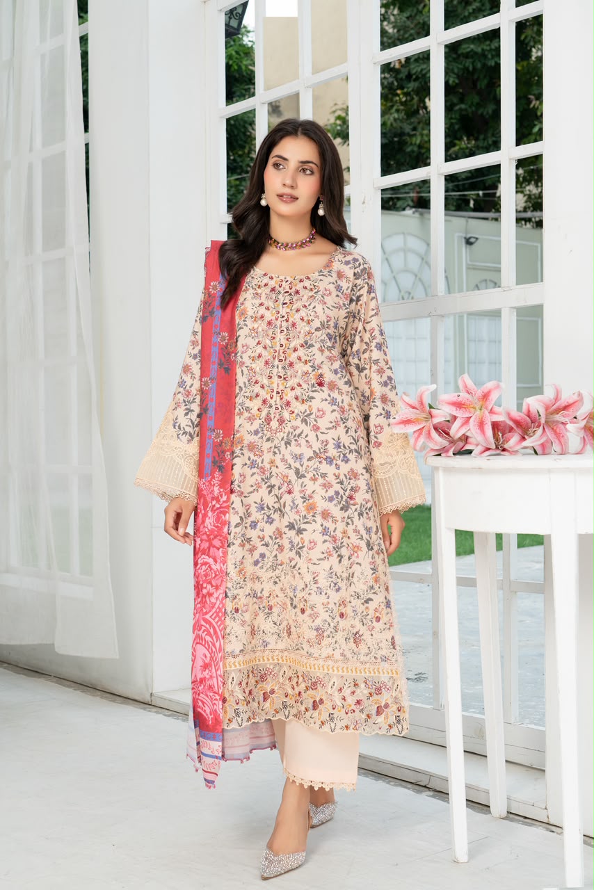Munira Designers winter peach floral embroidered Dhanak suit with red printed shawl – front
