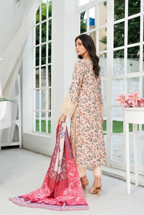 Munira Designers winter peach floral embroidered Dhanak suit with red printed shawl – back view