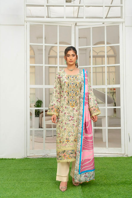 Munira Designers winter sage floral embroidered Dhanak suit with pink printed shawl – front