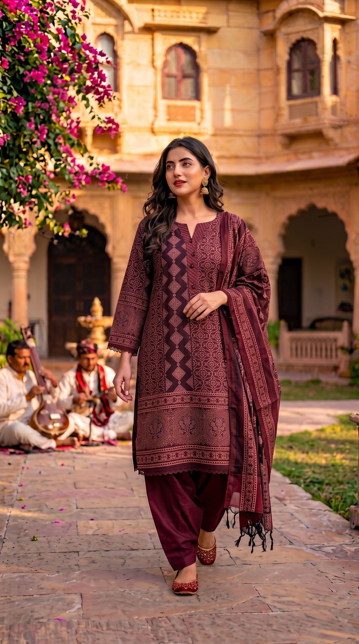 Pakistani maroon Ajrakh printed cotton salwar kameez with Farsi salwar and Ajrakh dupatta