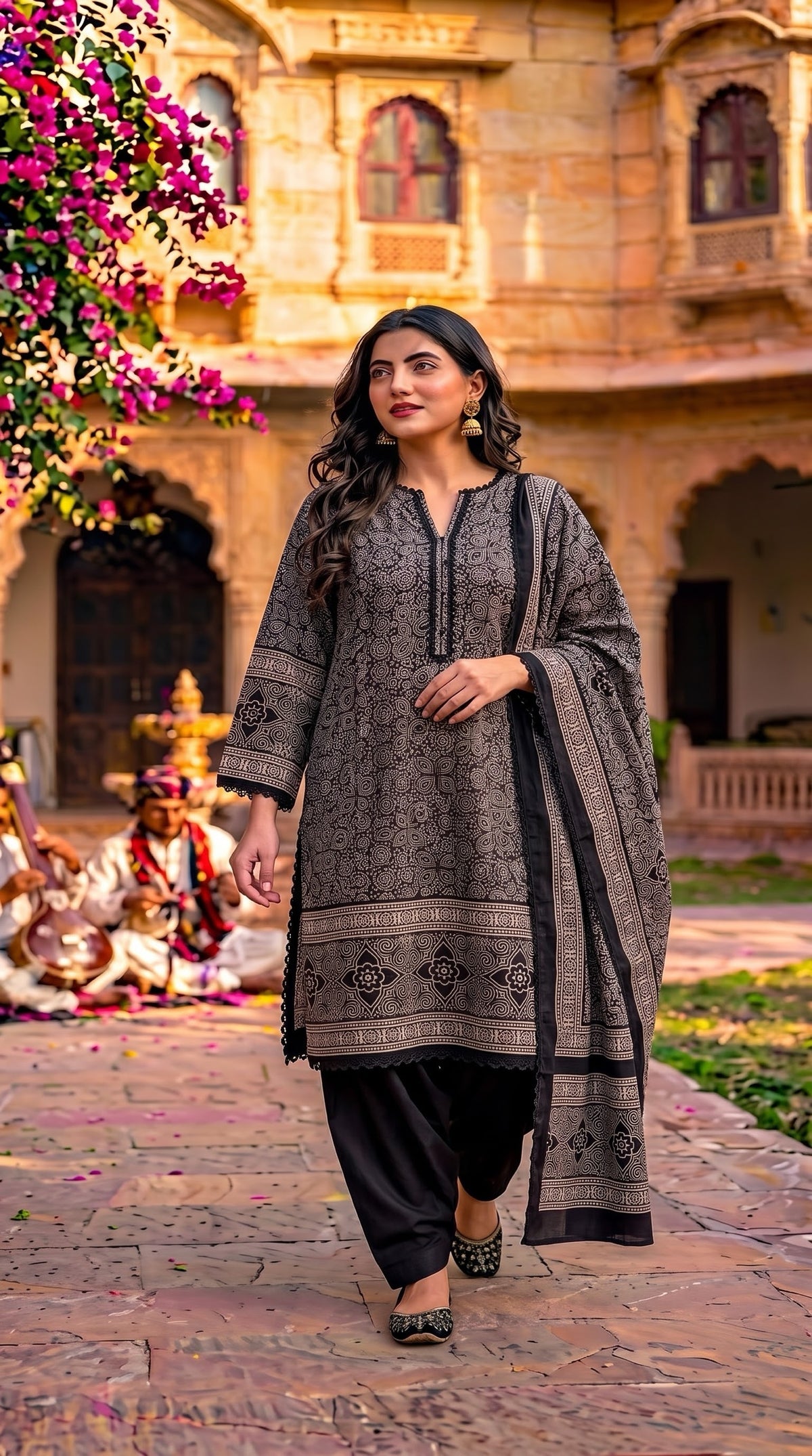 Pakistani black and beige Ajrakh printed cotton salwar kameez with Farsi salwar and Ajrakh dupatta