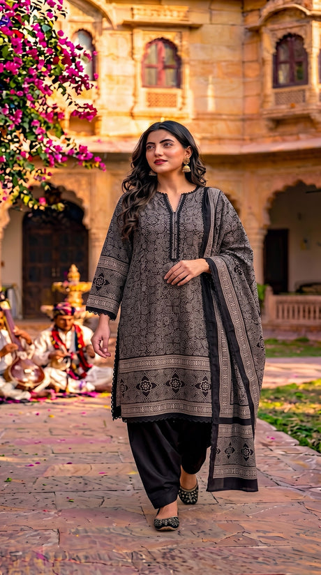 Pakistani black and beige Ajrakh printed cotton salwar kameez with Farsi salwar and Ajrakh dupatta