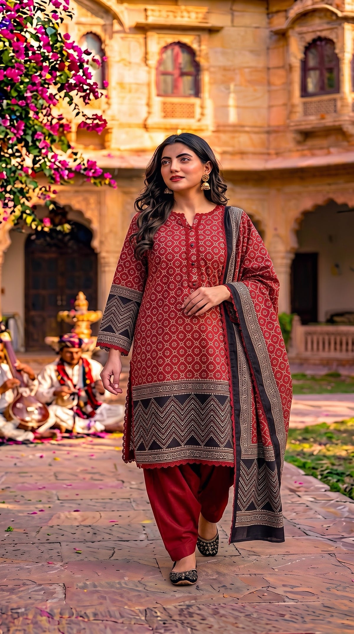 Pakistani red and black Ajrakh printed cotton salwar kameez with Farsi salwar and Ajrakh dupatta