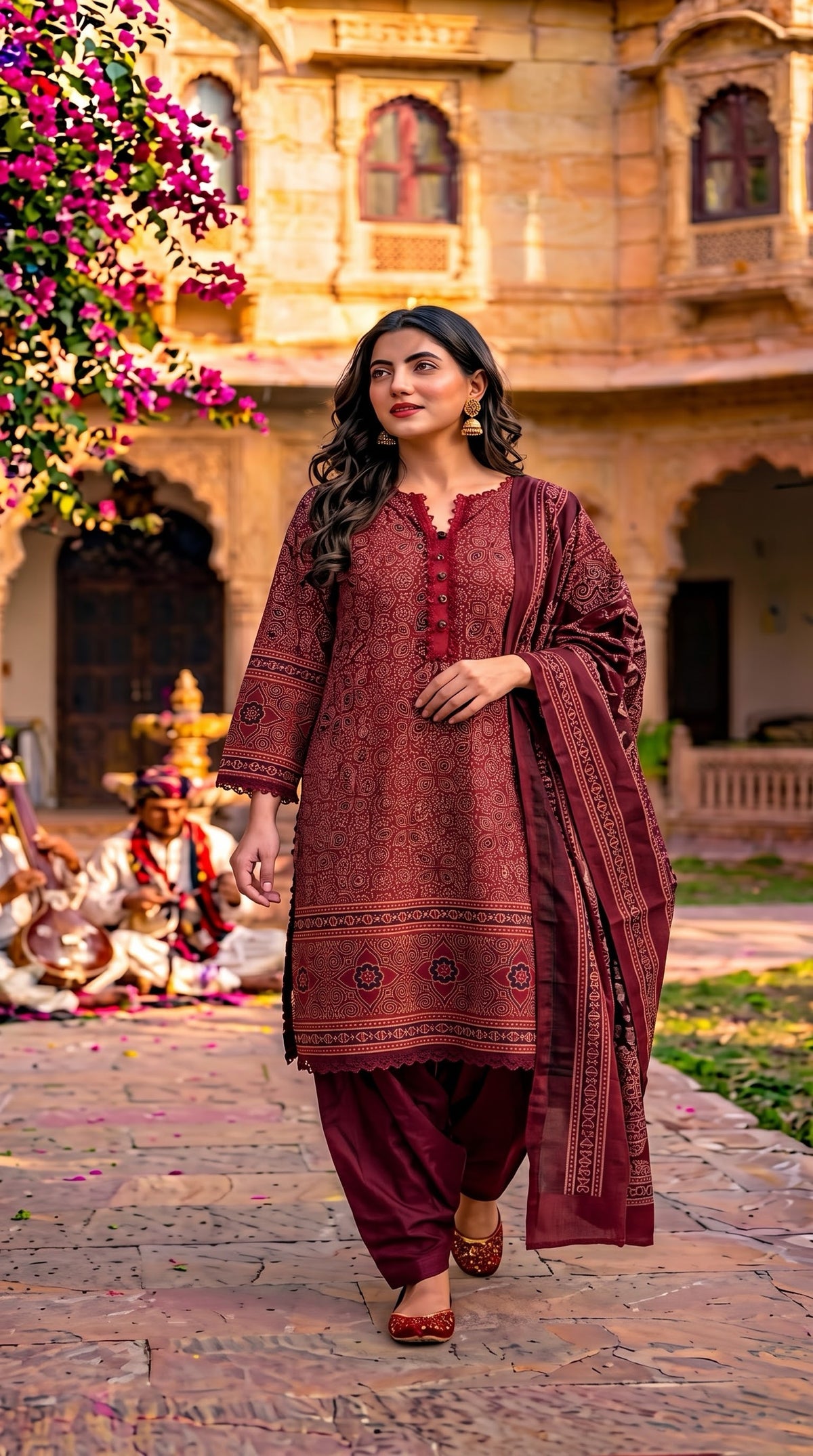 Pakistani wine red Ajrakh printed cotton salwar kameez with Farsi salwar and Ajrakh dupatta