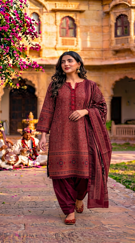 Pakistani wine red Ajrakh printed cotton salwar kameez with Farsi salwar and Ajrakh dupatta