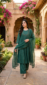 Bottle green embroidered kurta palazzo set with dupatta