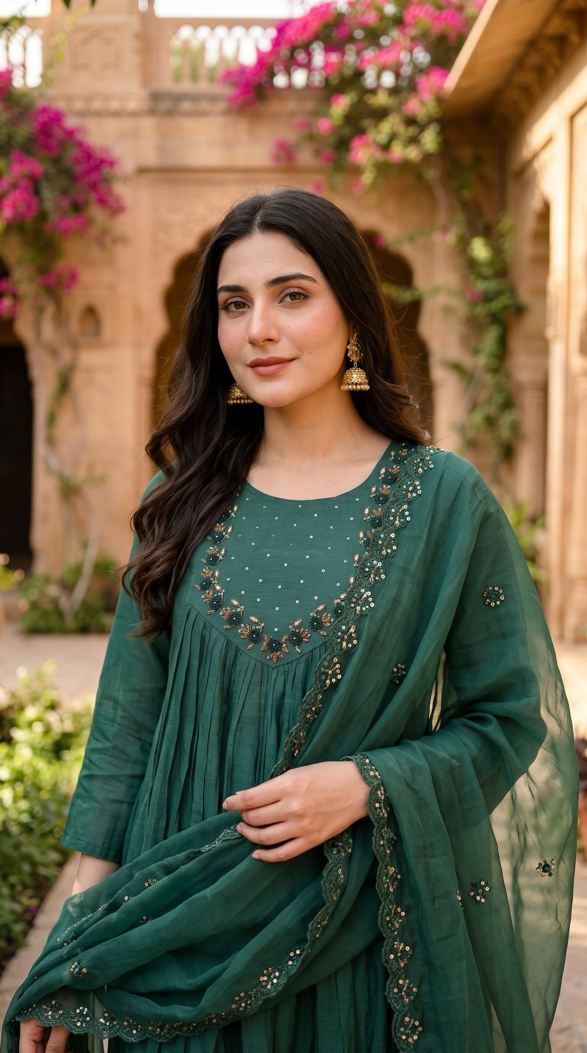 Bottle green kurta beaded yoke close up