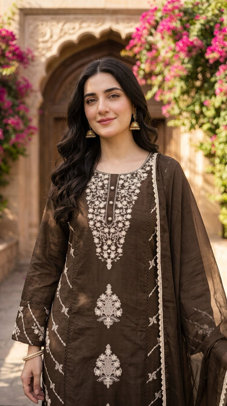 Chocolate Brown Mul Cotton Suit embroidery close-up