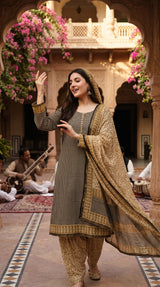 Indian Chanderi Silk 3 piece suit Black & Beige Check - Delhi Boutique