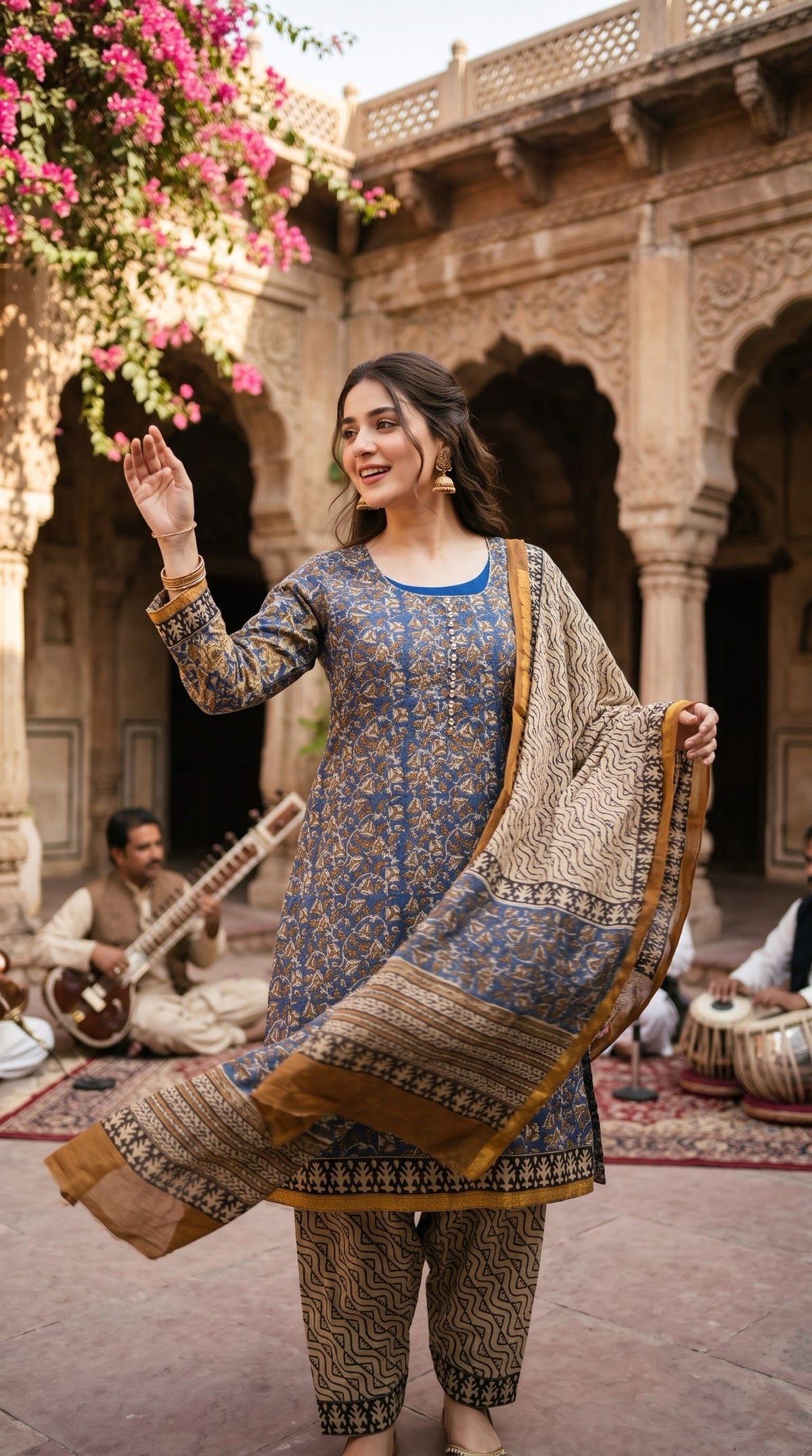 Indian Chanderi Silk 3 piece suit Indigo Blue - Delhi Boutique