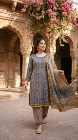 Indian Chanderi Silk 3 piece suit Indigo Blue - Delhi Boutique