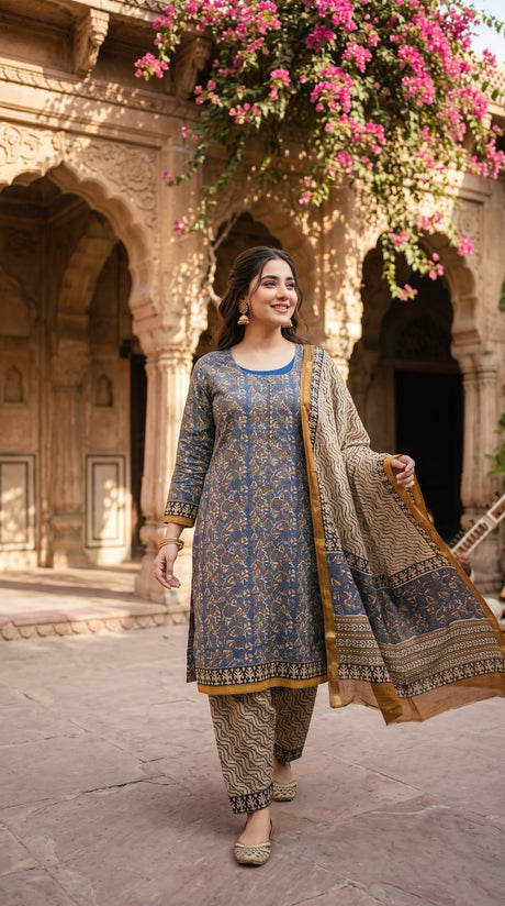 Indian Chanderi Silk 3 piece suit Indigo Blue - Delhi Boutique