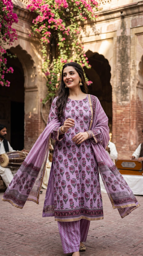 Indian Chanderi Silk 3 piece suit Lavender - Delhi Boutique