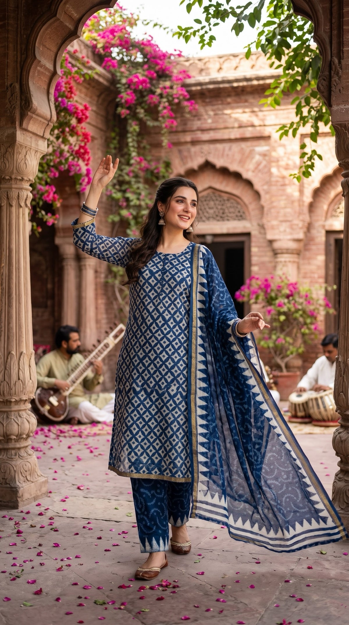 Indian Chanderi Silk 3 piece suit Navy Blue - Delhi Boutique