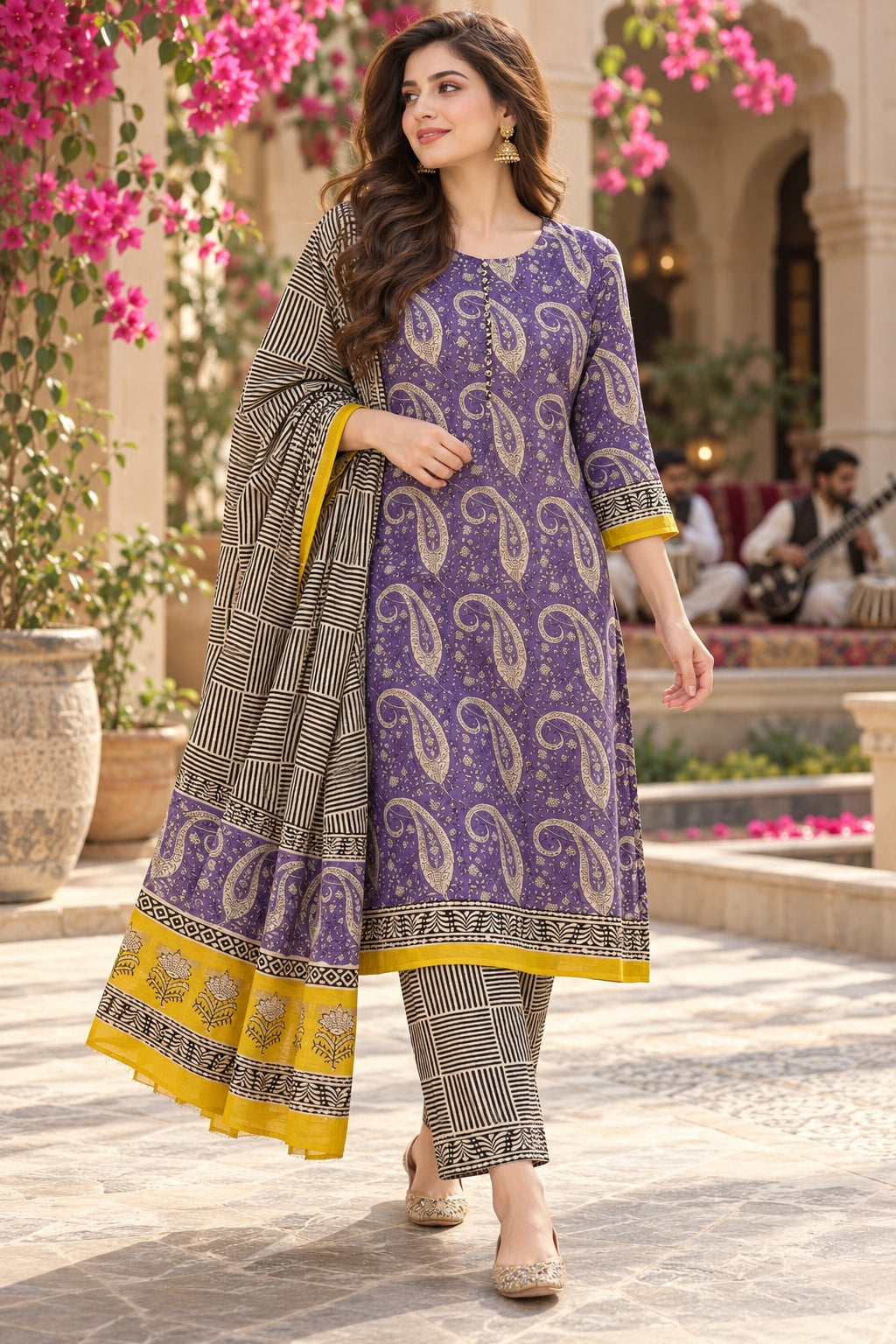 Indian Chanderi Silk 3 piece suit Purple Paisley - Delhi Boutique
