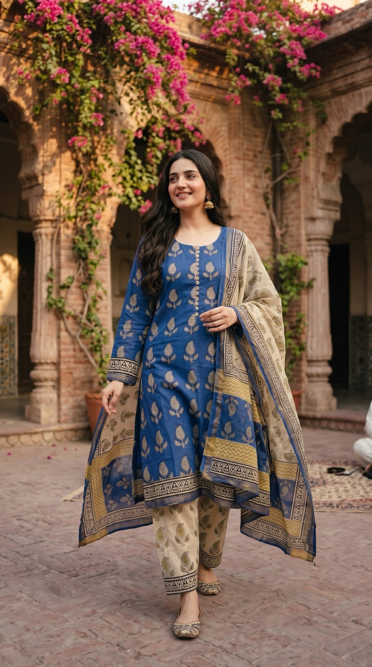 Indian Chanderi Silk 3 piece suit Royal Blue - Delhi Boutique
