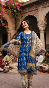 Indian Chanderi Silk 3 piece suit Royal Blue - Delhi Boutique
