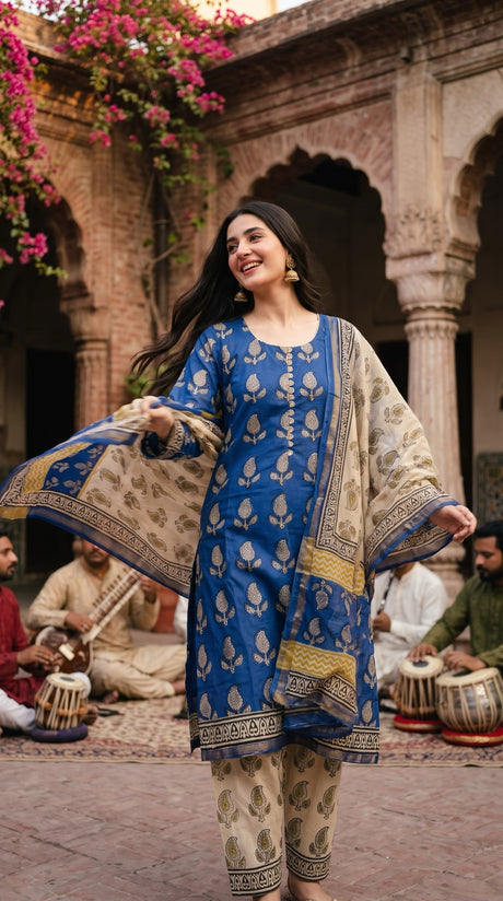 Indian Chanderi Silk 3 piece suit Royal Blue - Delhi Boutique