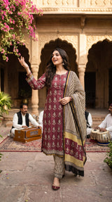 Indian Chanderi Silk 3 piece suit Rust Red - Delhi Boutique