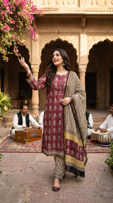 Indian Chanderi Silk 3 piece suit Rust Red - Delhi Boutique