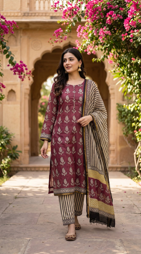 Indian Chanderi Silk 3 piece suit Rust Red - Delhi Boutique
