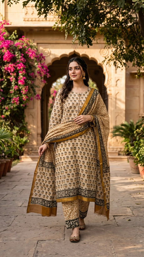 Indian Chanderi Silk 3 piece suit Sand Beige - Delhi Boutique