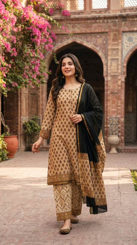Indian Chanderi Silk 3 piece suit Tan Brown & Black - Delhi Boutique