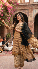 Indian Chanderi Silk 3 piece suit Tan Brown & Black - Delhi Boutique