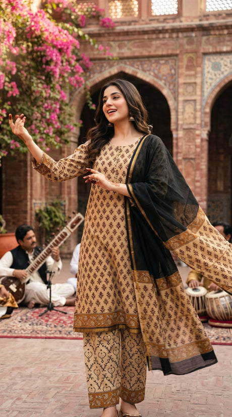 Indian Chanderi Silk 3 piece suit Tan Brown & Black - Delhi Boutique