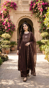 Chocolate brown embroidered kurta palazzo set with dupatta