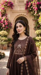 Chocolate brown kurta embroidered yoke close up