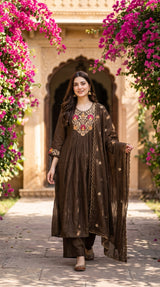 Coffee Brown Embroidered Kurta Set - Delhi Boutique