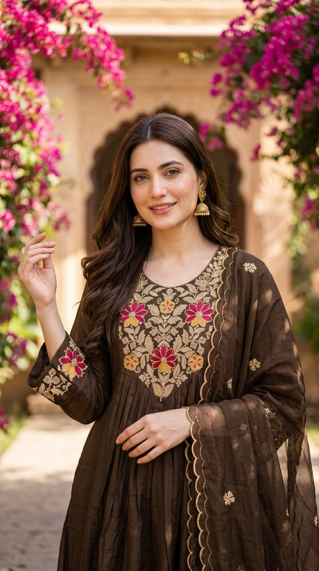 Coffee Brown Kurta Set embroidery close-up