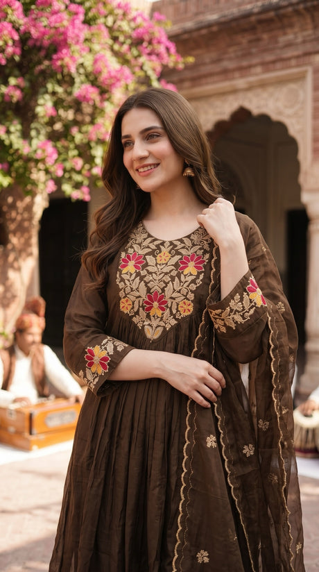 Coffee Brown Kurta Set sleeve embroidery