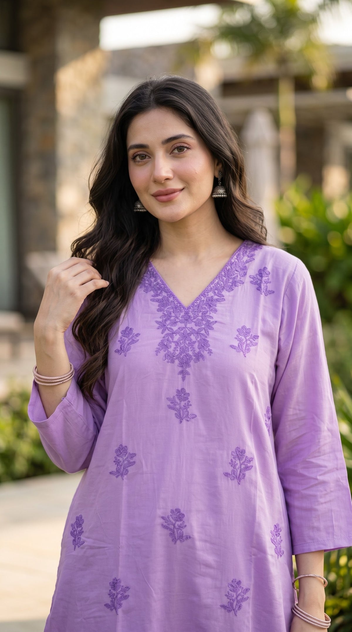 Cotton Embroidered 2pc Co-Ord Set - Lavender - close-up