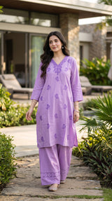 Cotton Embroidered 2pc Co-Ord Set - Lavender - full look
